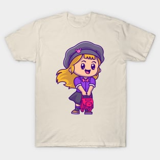 Cute Girl With Bag And Wearing Hat Cartoon T-Shirt